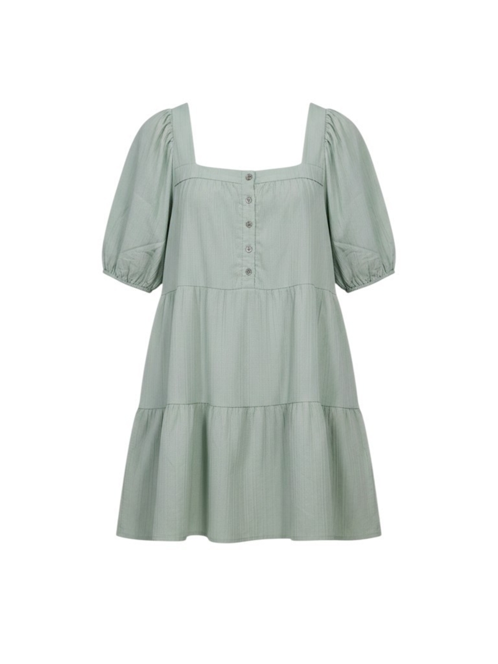 Tiered Square-Neck Puff Sleeve Mini Dress in Sage Green